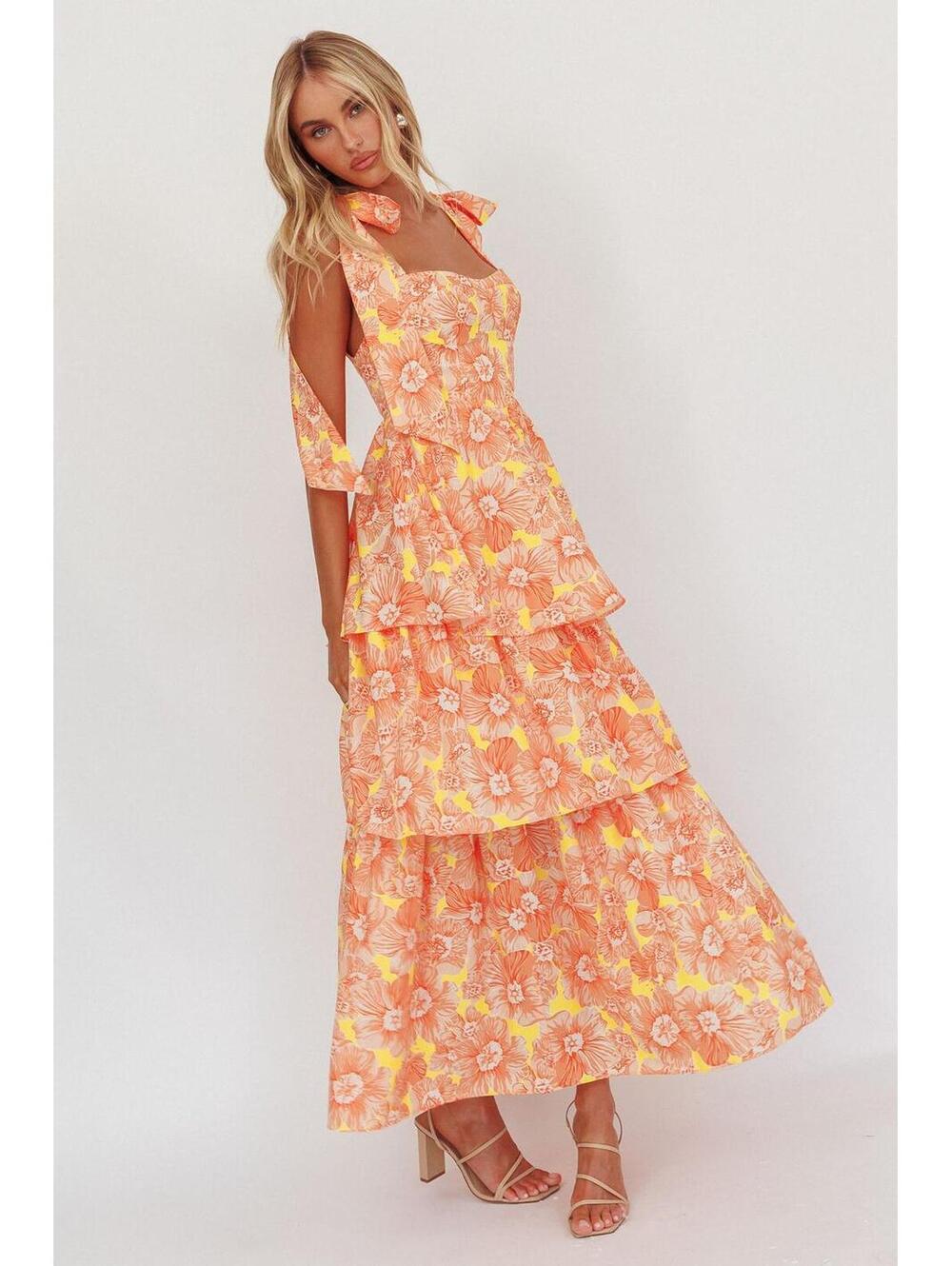 Arlowe Tied Shoulder Tiered Midi Dress Floral Orange - Women’s 14